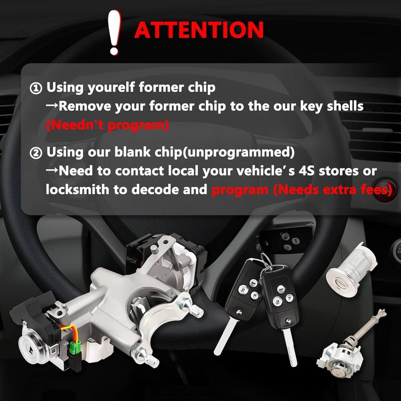 RAMATA 72185-TR0-A01 Ignition Switch Lock Cylinder with Key (with Blank Chip) Compatible with 2012 2013 2014 Honda Civic,(Ignition Chip: 46,Frequency: 433Hz) - Image 2